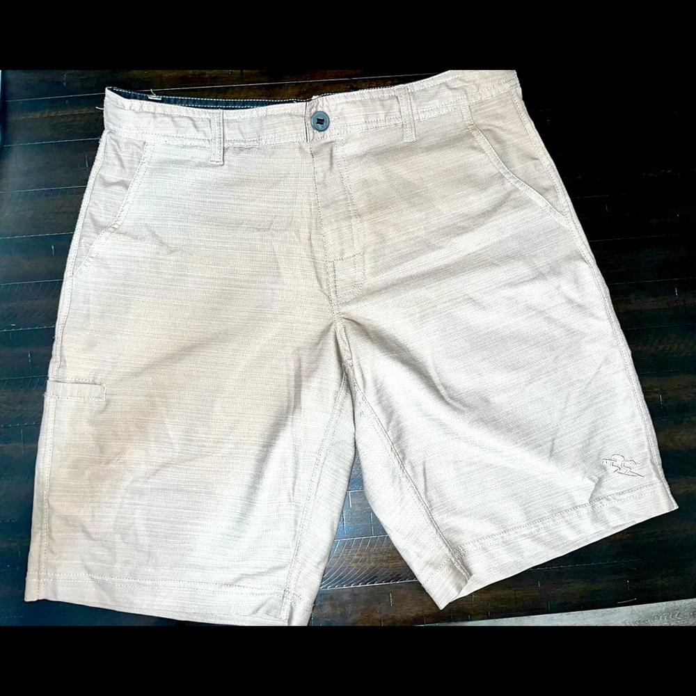 Da Hui Hybrid Board Shorts Mens 32 Khaki ￼Swim Surf Stretch Pockets Dahui Beige